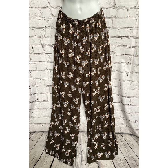 Free People Pants - Vintage Free People Floral Polka Dot Wide Leg Pants Brown Rayon Large Boho